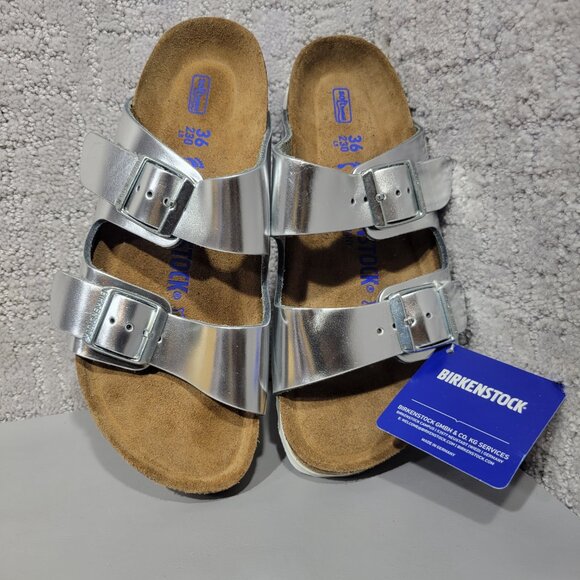 Birkenstock Arizona Soft Womens Size US 5 Silver Finish Birko-Flor Slide Sandal - Picture 2 of 15